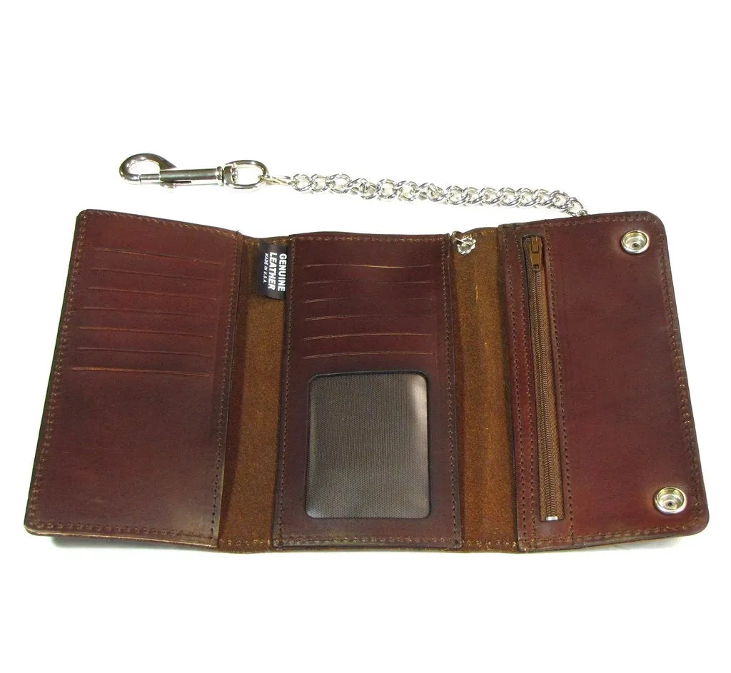 7" Credit Card Tri-Fold Brown Leather Chain Wallet