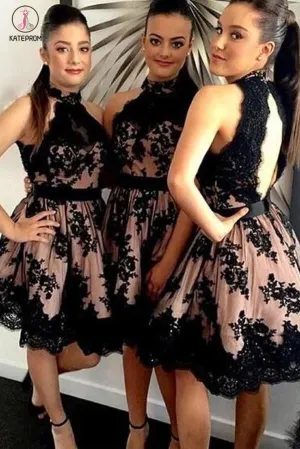 A-line Open Back High Neck Tulle Short Appliques Black Lace Latest Bridesmaid Dresses KPB0022