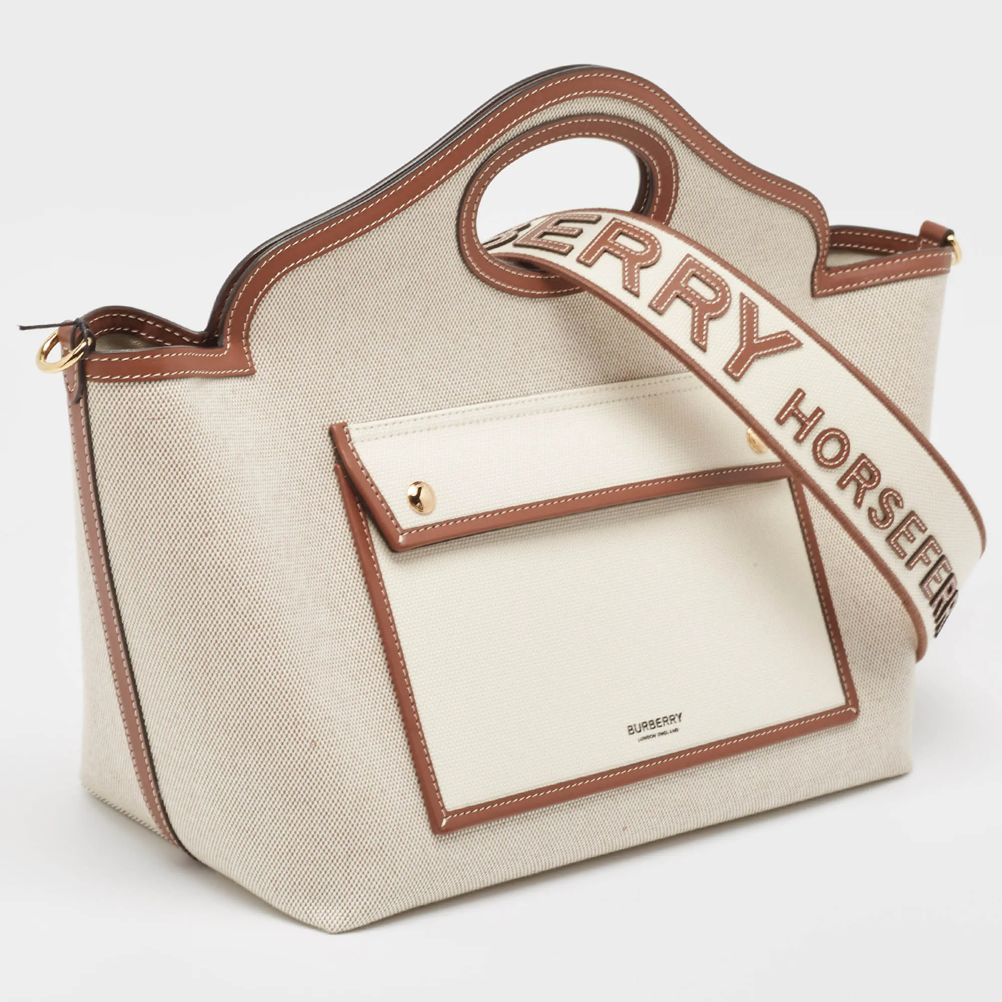 BURBERRY Beige/Brown Canvas and Leather Small Soft Pocket Tote