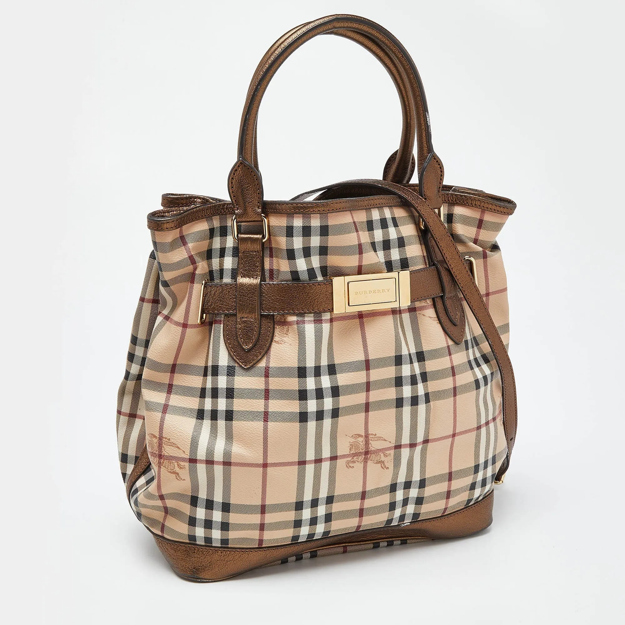 BURBERRY Beige/Metallic Haymarket Check Canvas and Leather Medium Golderton Tote