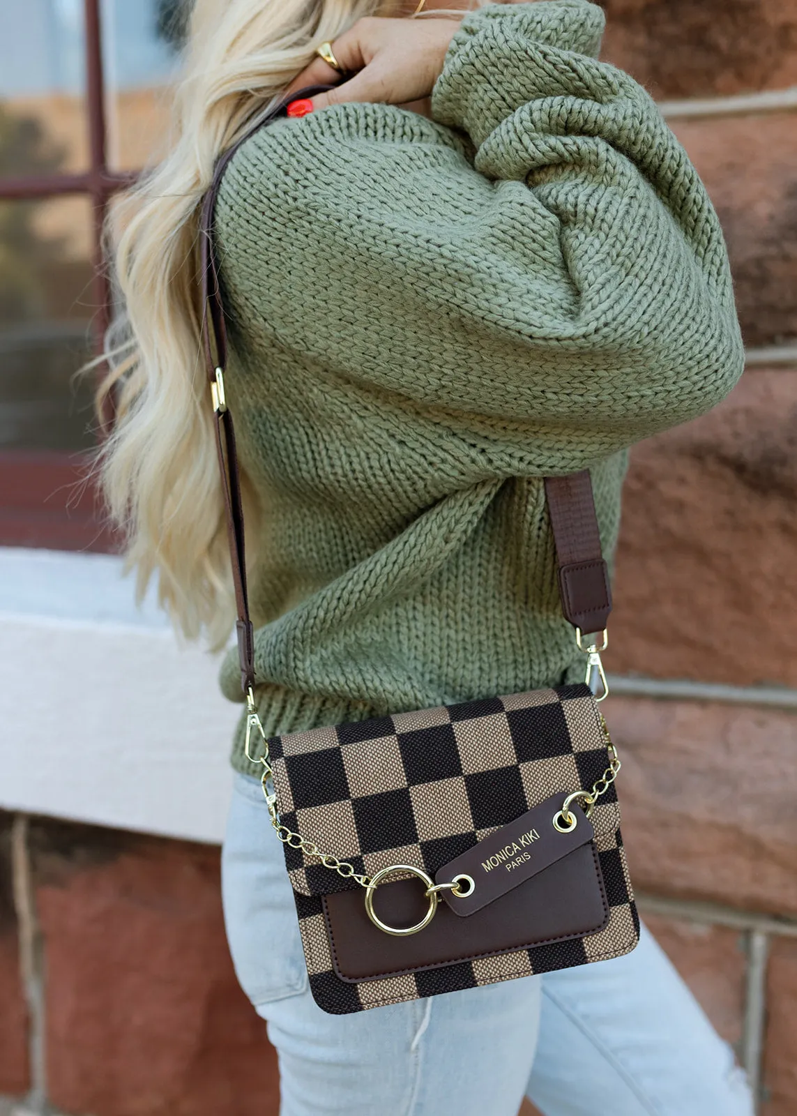 Kiki Checkerboard Shoulder Crossbody - Coffee