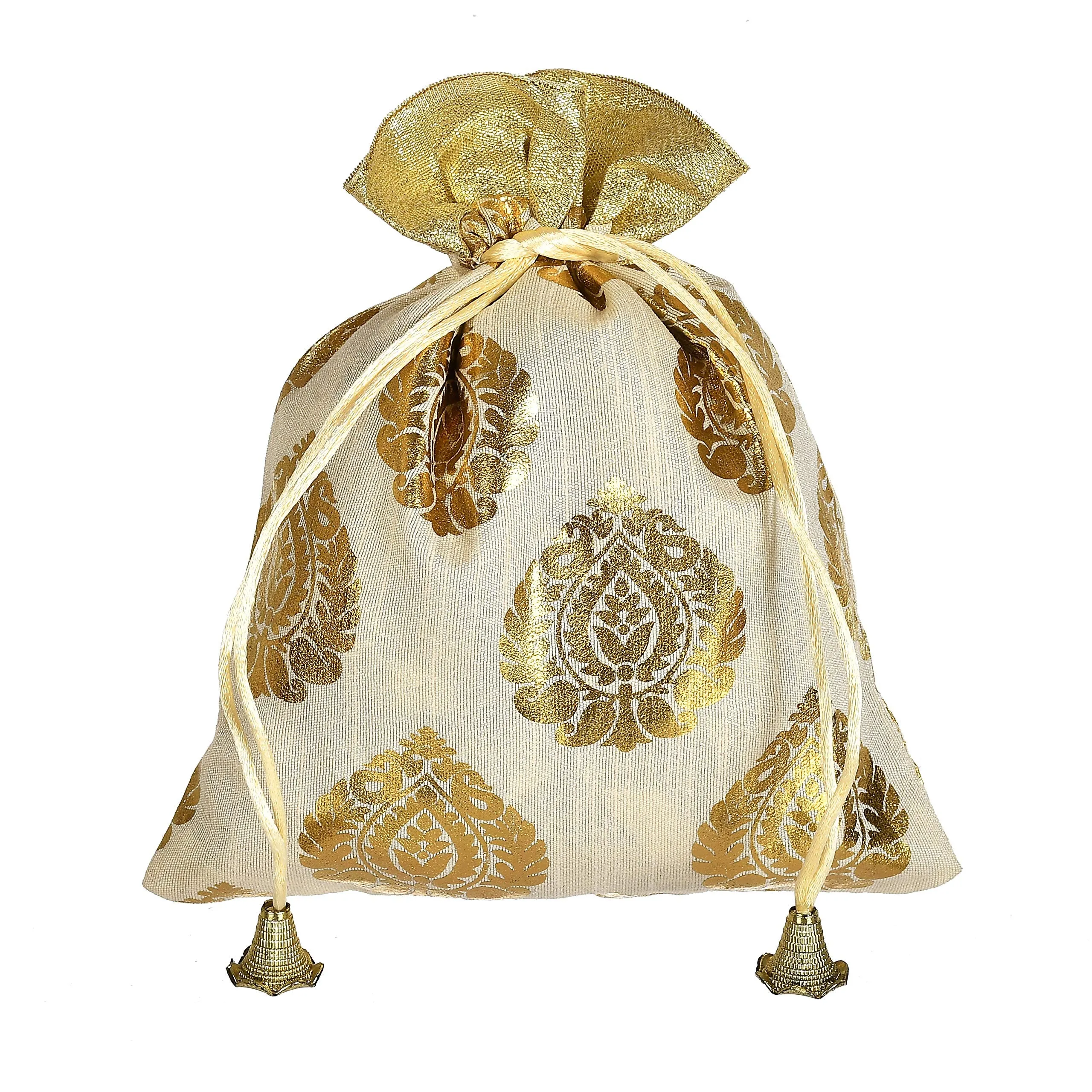 Kuber Industries Leaf Design Potli Bags Handbags for Women Gifting Wristlets for Wedding, Festival, Kitty Subh Shagun-Pack of 2 (Gold)