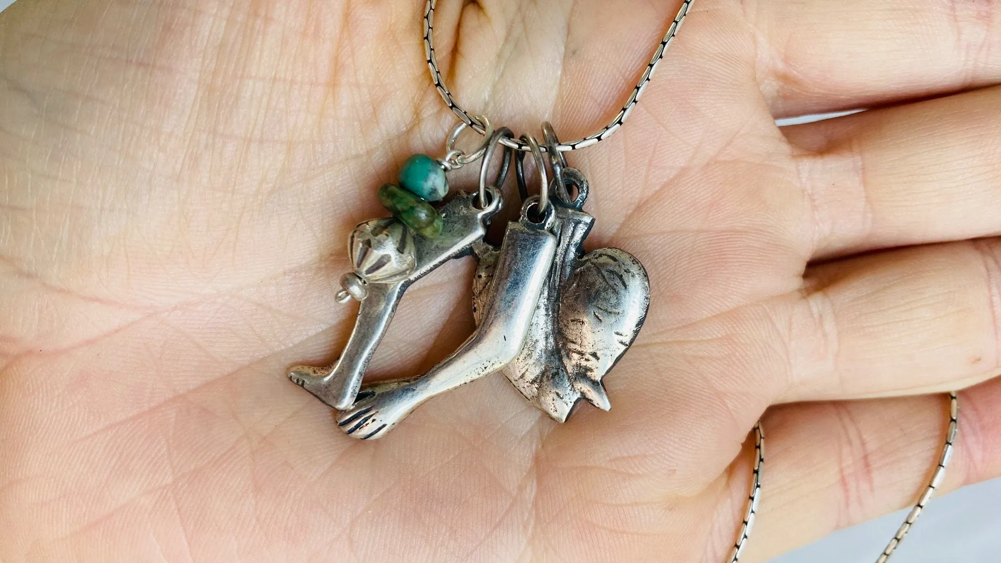 Milagro Pendants Necklace. Mexico. Sterling Silver and Jade. 0452