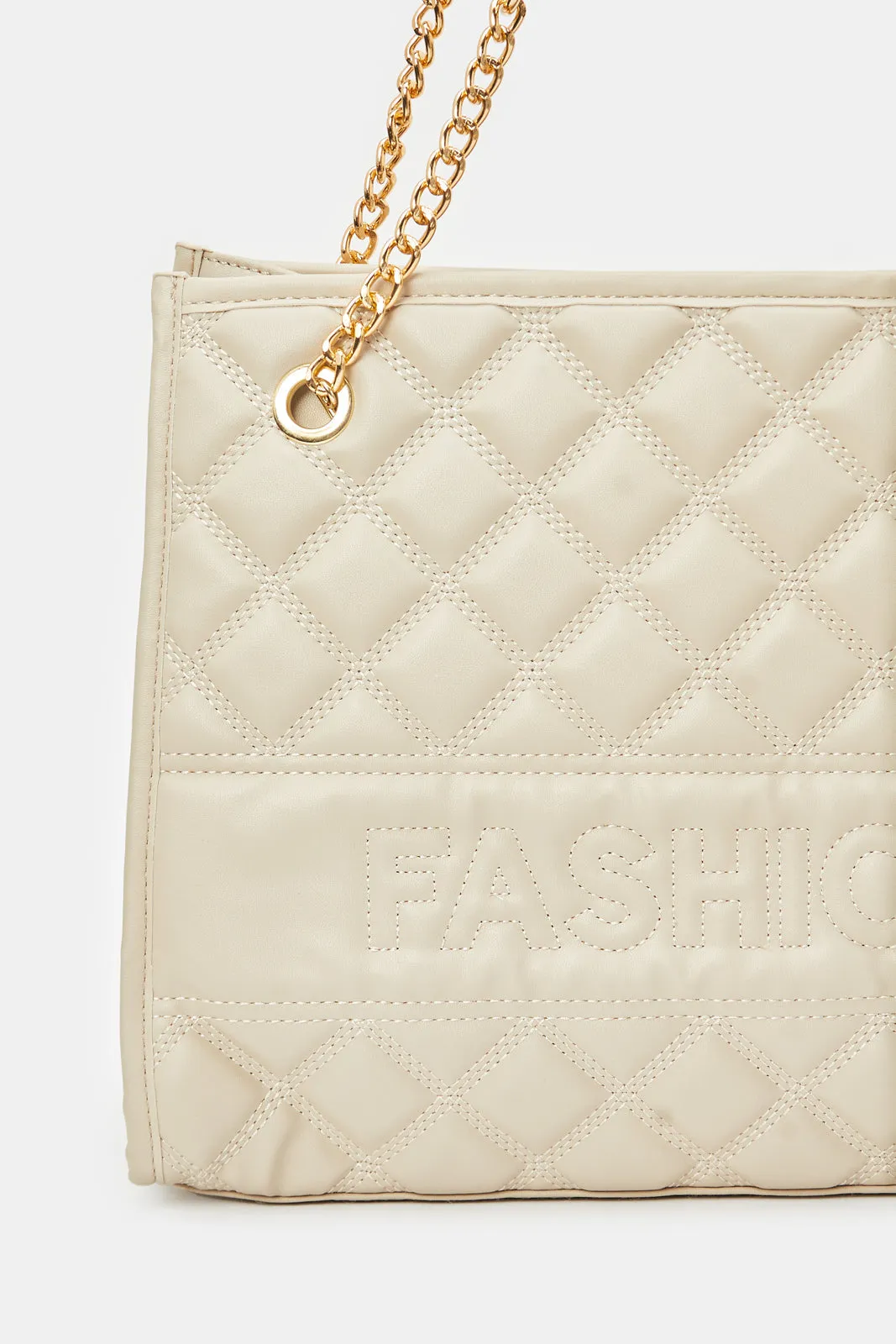 Women Beige Quilted Tote Bag
