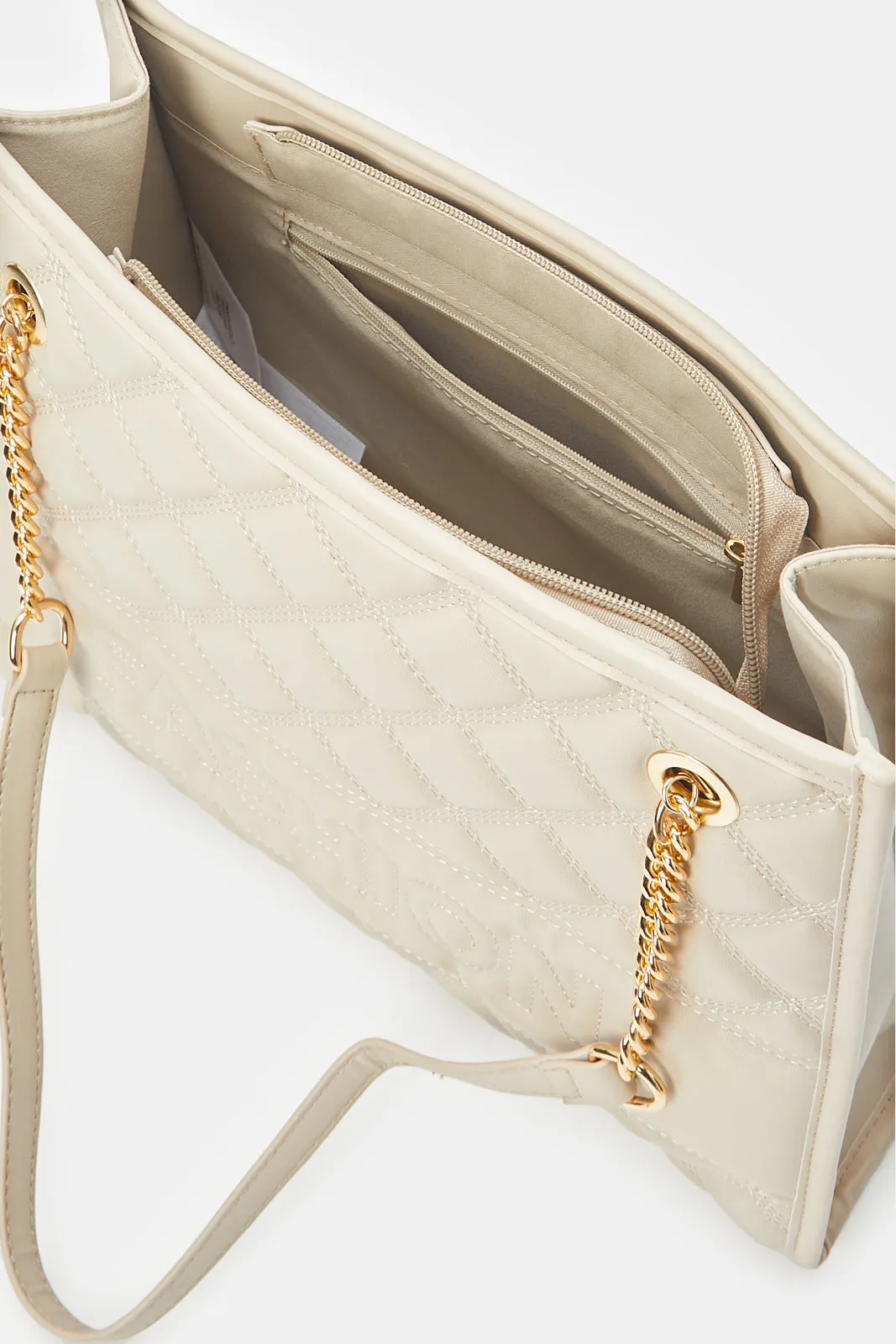 Women Beige Quilted Tote Bag